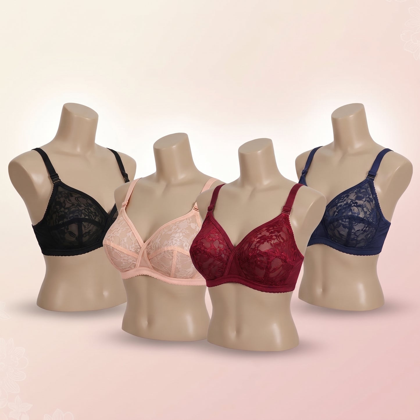 Pack of 4 Net Embroided Non-Padded & Non-Wired Full Net Transparent Cotton Bras