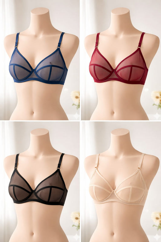 Pack of 4 Non-Padded & Non-Wired Full Net Transparent Cotton Bras - 4 Colors