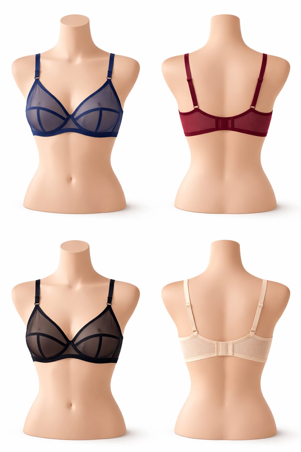 Pack of 4 Non-Padded & Non-Wired Full Net Transparent Cotton Bras - 4 Colors