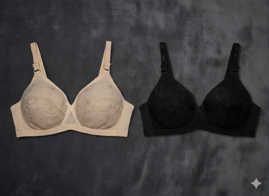 Pack of 2 Premium Cotton Embroidered Non-Wired Comfort Bras (Skin & Black Combo)