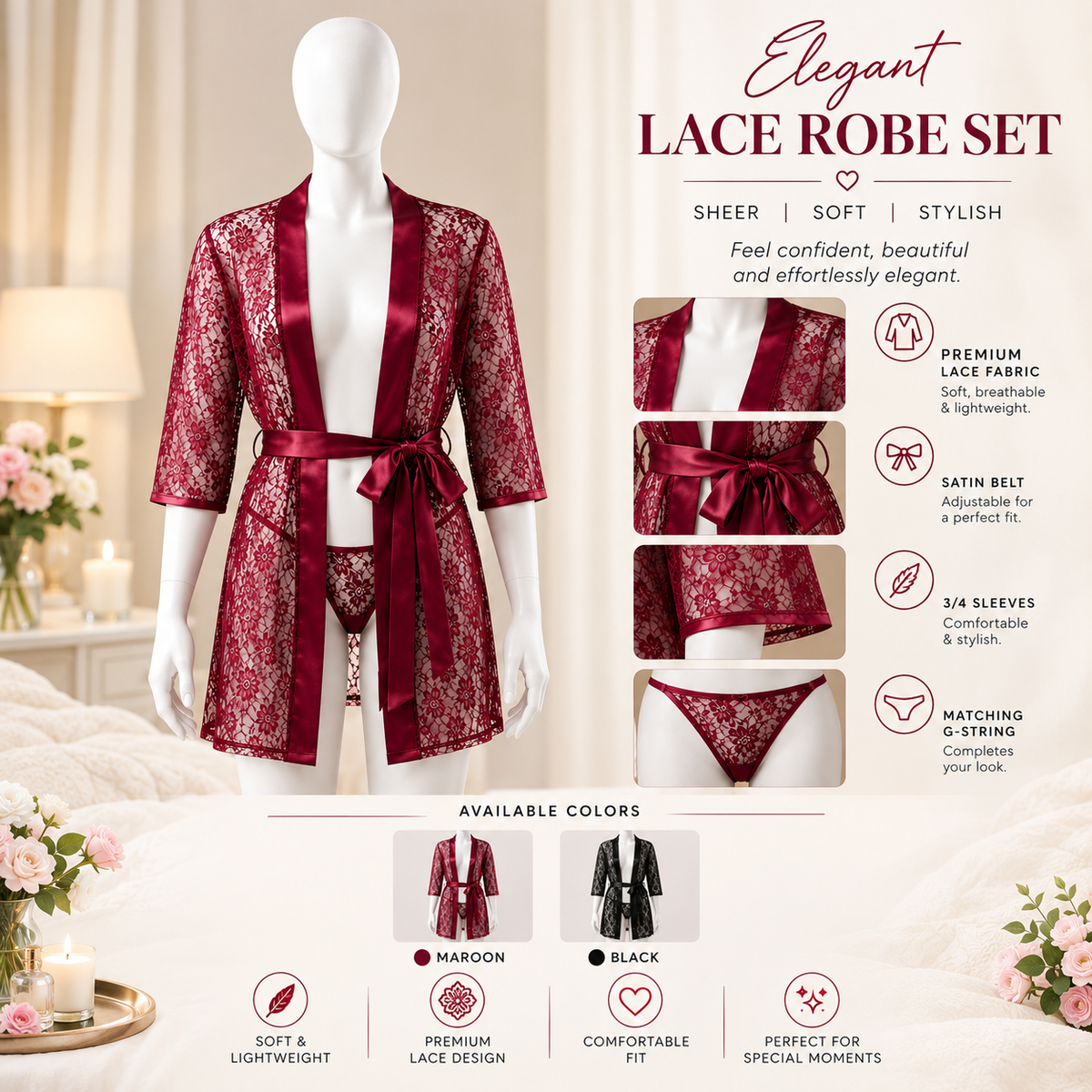 Lace Robe Set – Sheer Floral Lace with Satin Belt