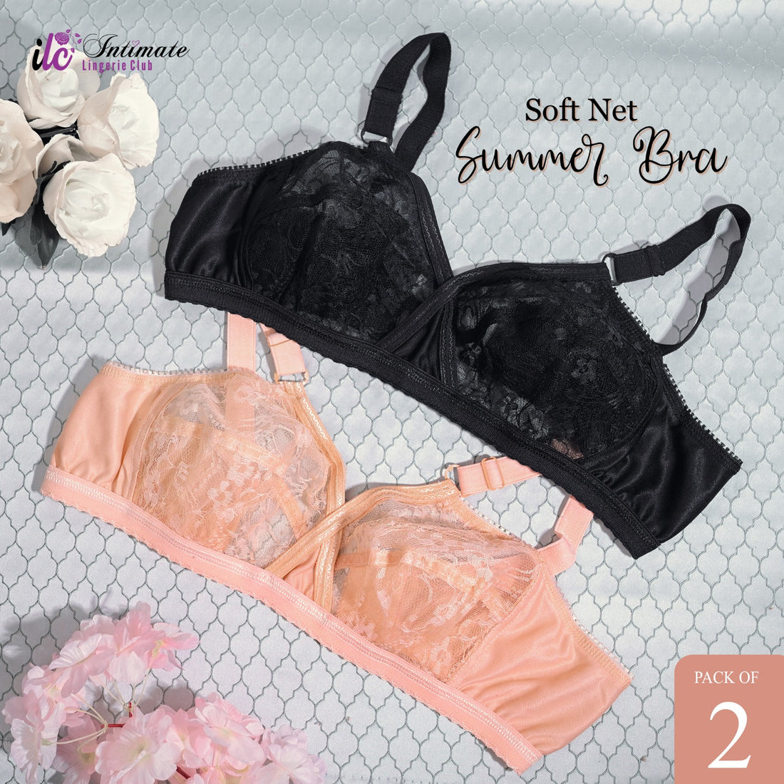 Pack of 2 Net Embroided Non-Padded & Non-Wired Full Net Embroided Cotton Bras
