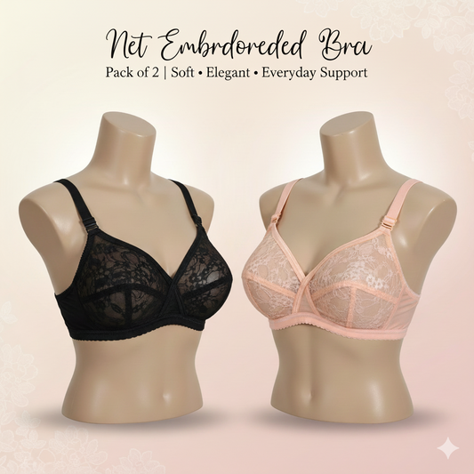 Pack of 2 Net Embroided Non-Padded & Non-Wired Full Net Transparent Cotton Bras